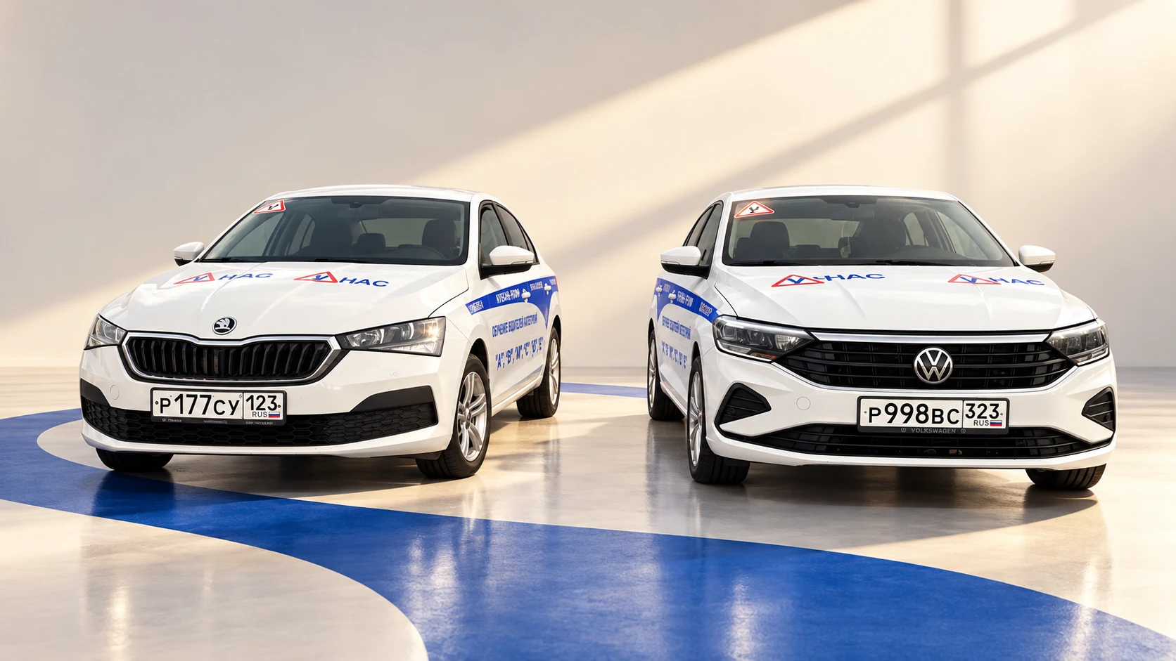 Два учебных автомобиля автошколы «Кубань-Профи» в концептуальной студийной сцене
